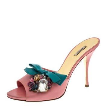 Pre Owned Miu Miu Coral Orange/Green Leather Crystal Embellished Bow Slide Sandals Size 37.5