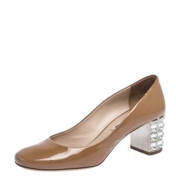 Pre Owned Miu Miu Tan Patent Leather Crystal Heel Pumps Size 37