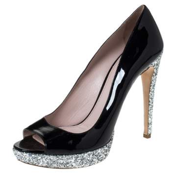 Pre Owned Miu Miu Black Patent Leather And Coarse Glitter Peep Toe Platform Pumps Size 40