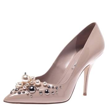 Pre Owned Miu Miu Black Patent Leather Pearl Embellished Pointed Toe Pumps Size 38