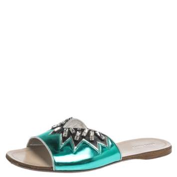 Pre Owned Miu Miu Metallic Green/Black Leather Crystal Embellished Slide Sandals Size 38