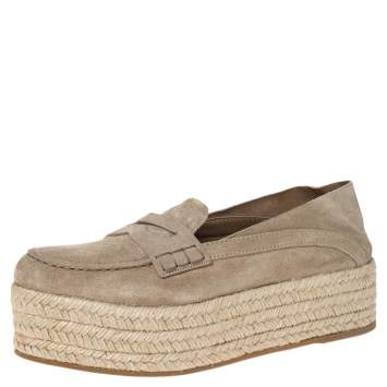 Pre Owned Miu Miu Beige Suede Penny Loafer Platform Espadrilles Size 38