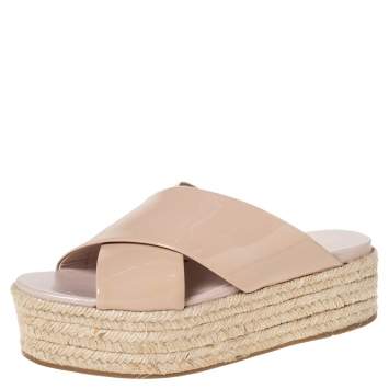 Pre Owned Miu Miu Beige Patent Leather Cross Strap Platform Espadrille Open Toe Sandals Size 38
