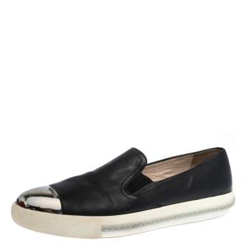Pre Owned Miu Miu Black Leather Metal Cap Toe Slip On Sneakers Size 41