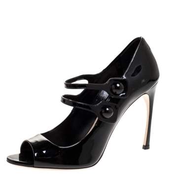 Pre Owned Miu Miu Black Patent Double Strap Mary Jane Peep Toe Pumps Size 37.5