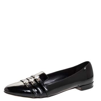 Pre Owned Miu Miu Black Patent Leather Trio Buckle Embellished Ballet Flat Size 37.5