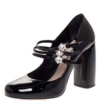 Pre Owned Miu Miu Black Patent Leather Trio Embellished Strap Mary Jane Block Heel Pumps Size 37.5