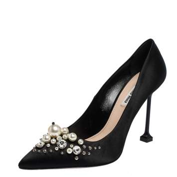 Pre Owned Miu Miu Black Satin Crystal and Pearl Embellished Pointed Toe Pumps Size 41