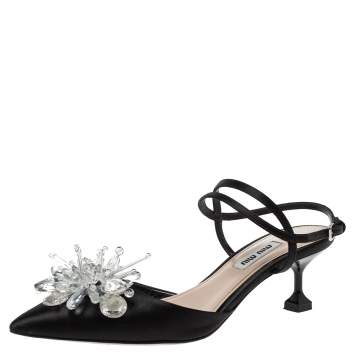 Pre Owned Miu Miu Black Satin Crystal Embellished Ankle Strap Sandals Size 36.5