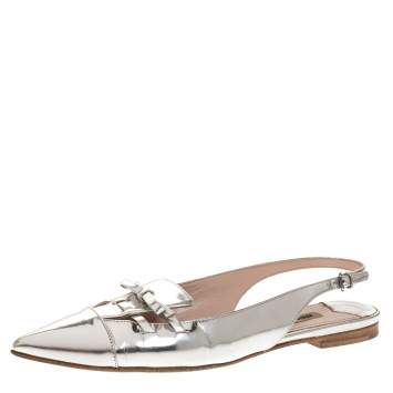 Pre Owned Miu Miu Silver Foil Leather Pointed Toe Bow Slingback Flat Sandals Size 37.5