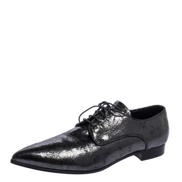 Pre Owned Miu Miu Grey Crinkled Patent Leather Pointed Toe Lace Oxfords Size 37