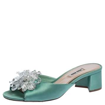 Pre Owned Miu Miu Pista Green Satin Crystal Embellished Slide Mules Size 37