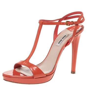 Pre Owned Miu Miu Orange Patent Leather T Strap Platform Sandals Size 39