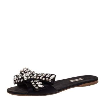Pre Owned Miu Miu Black Satin Crystal Embellished Bow Slide Sandals Size 38.5