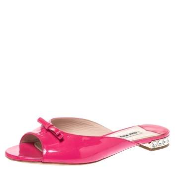 Pre Owned Miu Miu Pink Patent Leather Crystal Embellished Heel Bow Flat Slides Size 37.5
