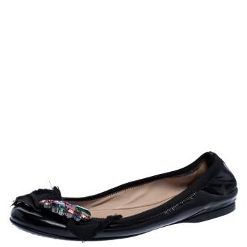 Pre Owned Miu Miu Black Patent Crystal Embellished Scrunch Ballet Flats Size 37