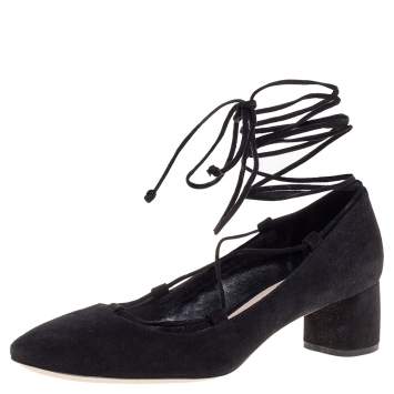 Pre Owned Miu Miu Black Suede Lace Up Block Heel Pumps Size 36