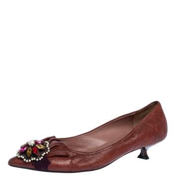 Pre Owned Miu Miu Brown Leather Jewel Embellished Kitten Heel Pointed Pumps Size 37