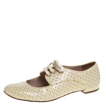 Pre Owned Miu Miu Cream Perforated Leather Studded Cutout Lace Up Oxford Size 37.5