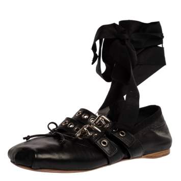 Pre Owned Miu Miu Black Leather Buckle Detail Ankle Wrap Ballet Flats Size 36