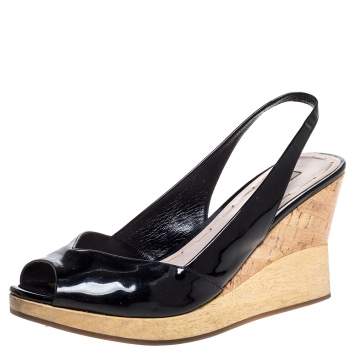 Pre Owned Miu Miu Black Patent Leather Vintage Slingback Wedge Platform Sandals Size 38