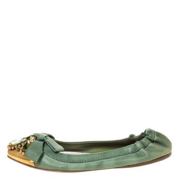 Pre Owned Miu Miu Green Leather Crystal, Bead And Bow Embellished Cap Toe Ballet Flats Size 38