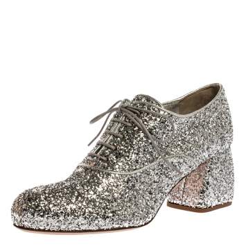 Pre Owned Miu Miu Metallic Silver Glitter Block Heel Lace Up Ankle Boots 37.5