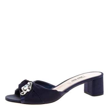 Pre Owned Miu Miu Blue Satin And Canvas Knot Crystal Embellished Slide Sandals Size 38.5