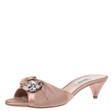 Pre Owned Miu Miu Beige Satin And Grosgrain Knot Fabric Crystal Embellished Open Toe Slide Sandals Size 38.5