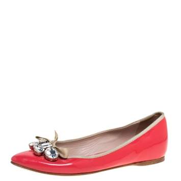 Pre Owned Miu Miu Orange Patent Leather Crystal And Bow Embellished Ballet Flat Size 39