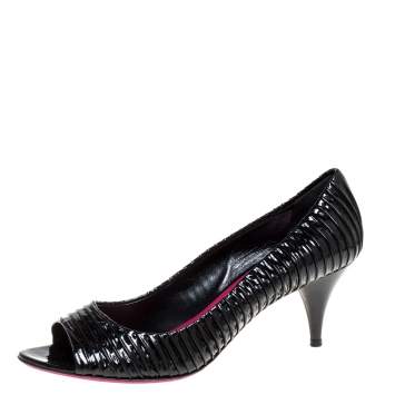 Pre Owned Miu Miu Black Ruched Patent Leather Peep Toe Pumps Size 39