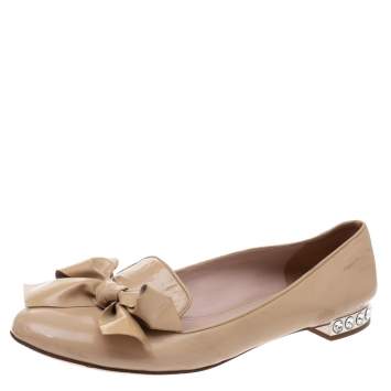 Pre Owned Miu Miu Beige Patent Leather Bow Crystal Embellished Ballet Flats Size 39.5