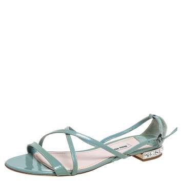 Pre Owned Miu Miu Tale Green Patent Leather Embellished Criss Cross Open Toe Strap Flats Size 39
