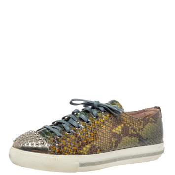 Pre Owned Miu Miu Green Python Print Glossy Leather Studded Cap Toe Sneakers Size 40
