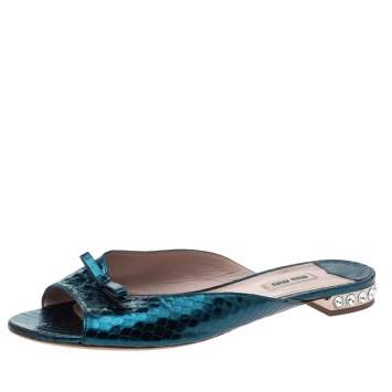 Pre Owned Miu Miu Metallic Teal Snakeskin Effect Leather Bow Detail Jeweled Heel Flat Slides Size 41