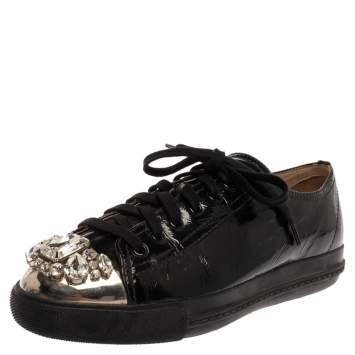 Pre Owned Miu Miu Black Patent Leather Crystal Studded Sneakers Size 39