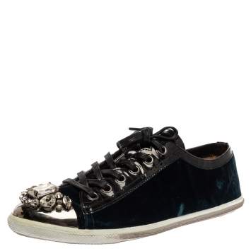 Pre Owned Miu Miu Midnight Blue Suede Studded Cap Toe Sneakers Size 39.5