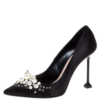Pre Owned Miu Miu Black Satin Crystal and Pearl Embellished Pointed Toe Pumps Size 38