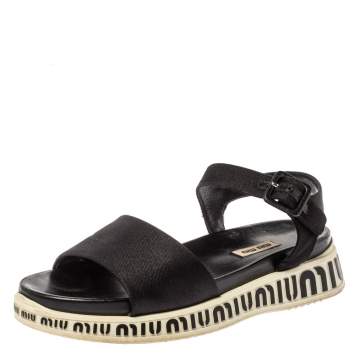 Pre Owned Miu Miu Black Canvas Platform Ankle Strap Sandals Size 39