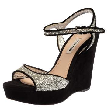 Pre Owned Miu Miu Black/Silver Coarse Glitter And Suede Open Toe Ankle Strap Wedge Sandals Size 37