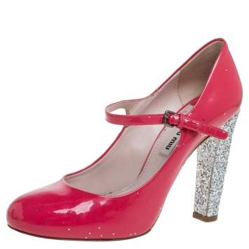 Pre Owned Miu Miu Pink/Silver Patent Leather and Glitter Heel Strap Pumps Size 38.5
