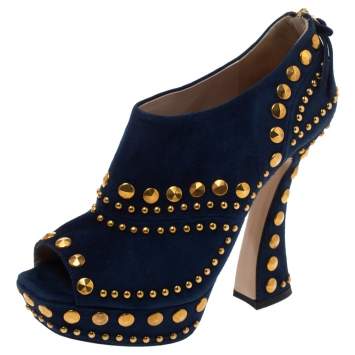 Pre Owned Miu Miu Blue Suede Studded Peep Toe Booties Size 36