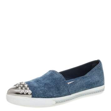 Pre Owned Miu Miu Blue Denim Crystal Embellished Cap Toe Slip On Sneakers Size 36