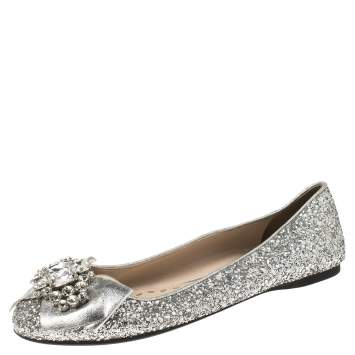 Pre Owned Miu Miu Silver Glitters and Leather Ballet Flats Size 37.5