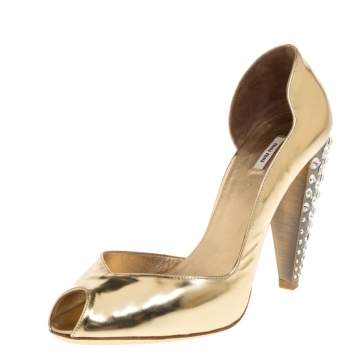 Pre Owned Miu Miu Metallic Gold Leather Crystal Embellished Heel D'orsay Sandals Size 37