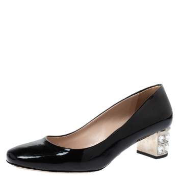 Pre Owned Miu Miu Black Patent Leather Crystal Embellished Block Heel Pumps Size 37.5