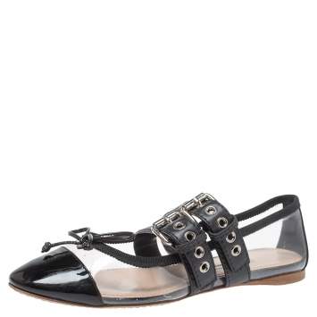 Pre Owned Miu Miu Black Patent Leather And PVC Buckled Strap Bow Ballet Flats Size 36