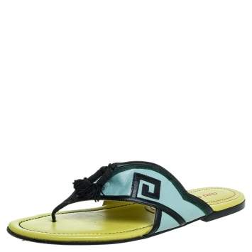 Pre Owned Miu Miu Green/Yellow Leather Tassel Slide Flats Size 39.5