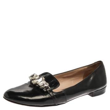Pre Owned Miu Miu Black Patent Leather Crystal Embellished Ballet Flats Size 40