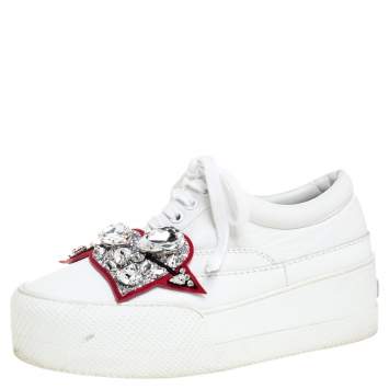 Pre Owned Miu Miu White Leather Heart Embellished Platform Sneakers Size 36